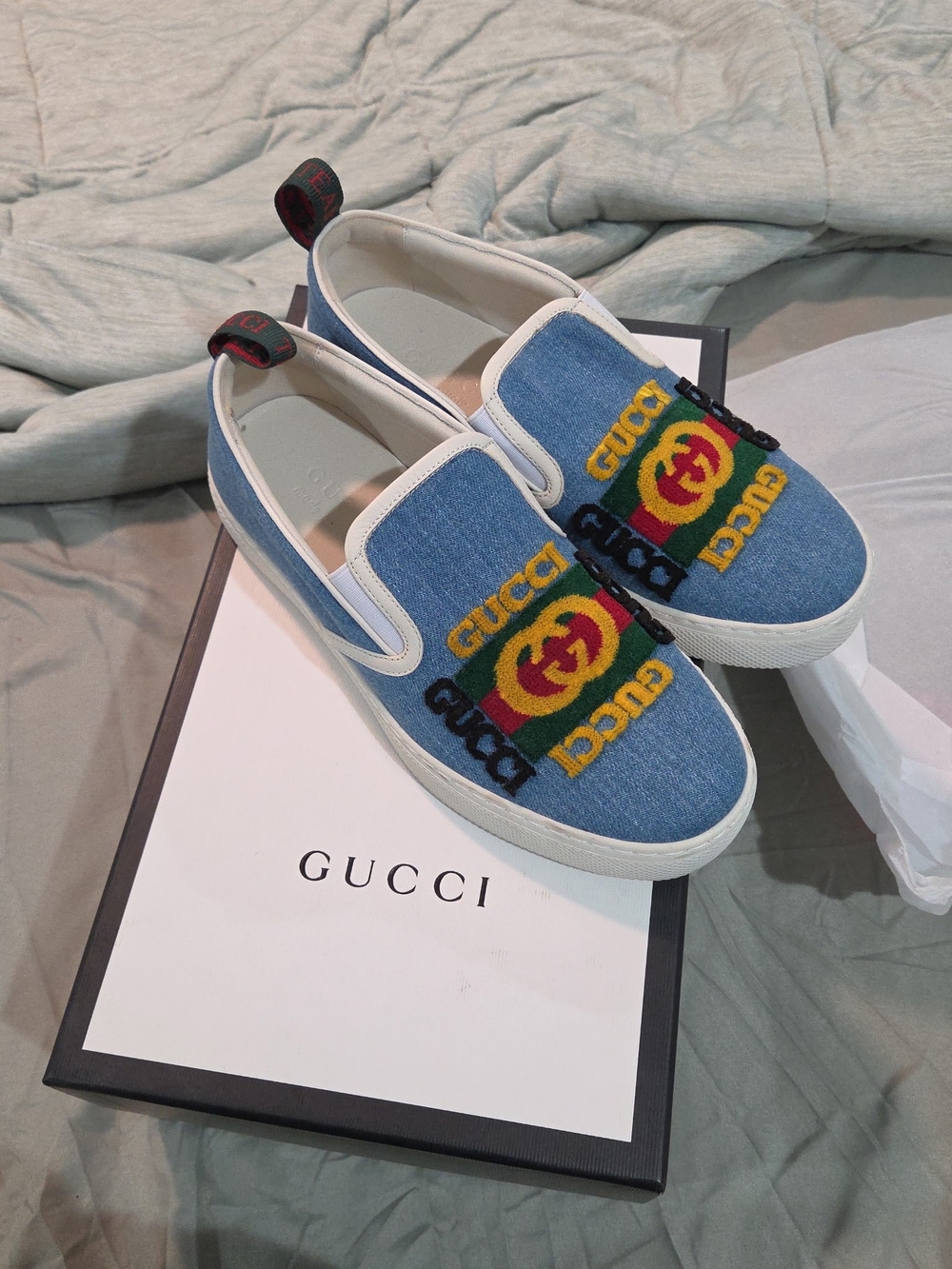 Gucci Denim Slip-On Loafers with Multicolor Logo